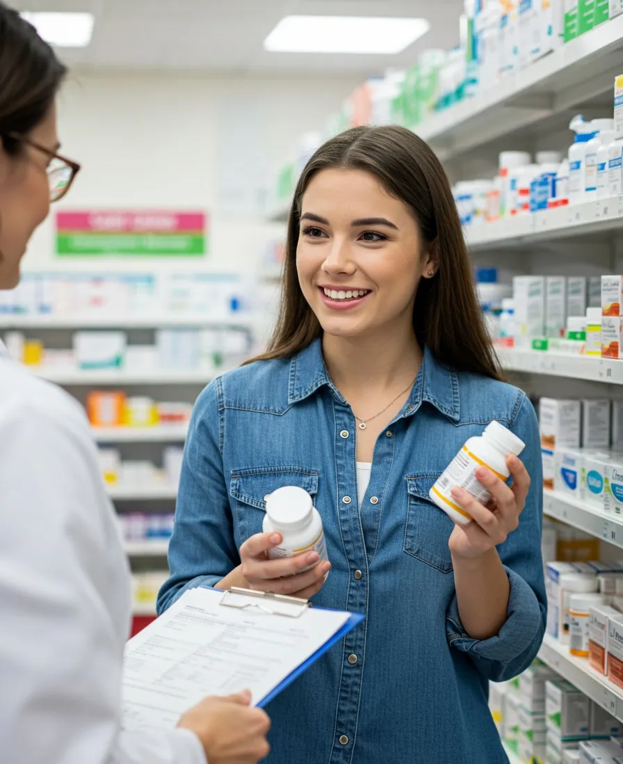 A happy patient discussing medication with a pharmacist at Torgsyn Discount Pharmacy.